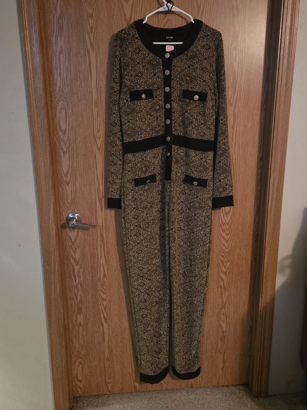 Metallic Gold & Black Long Knit Jumpsuit with Button Front